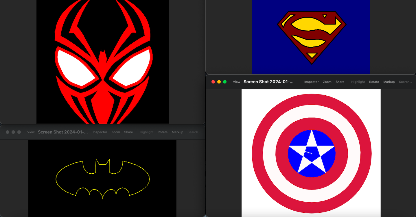 Four pictures consisting of logos of various super hero characters.